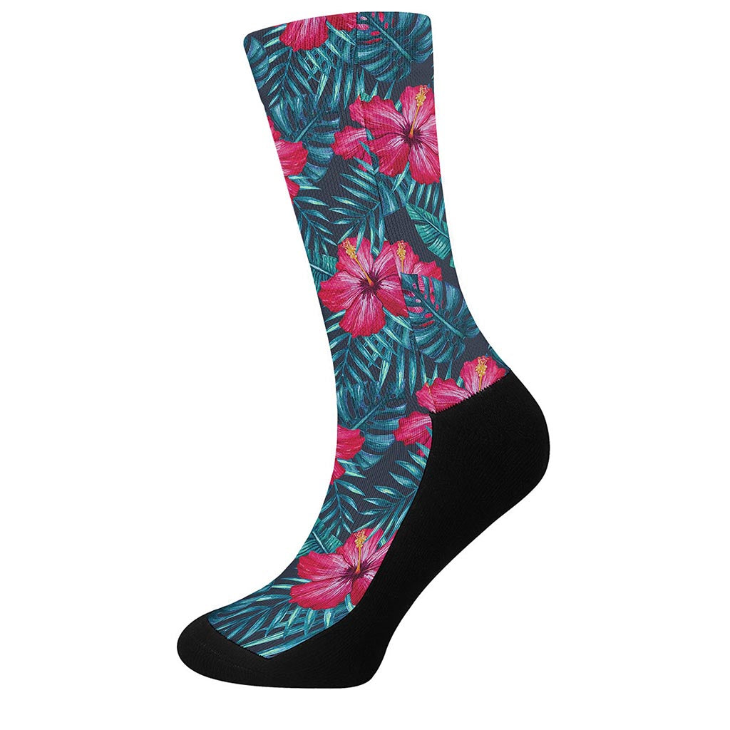 Hot Pink Hibiscus Tropical Pattern Print Crew Socks