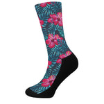 Hot Pink Hibiscus Tropical Pattern Print Crew Socks