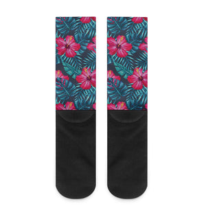 Hot Pink Hibiscus Tropical Pattern Print Crew Socks