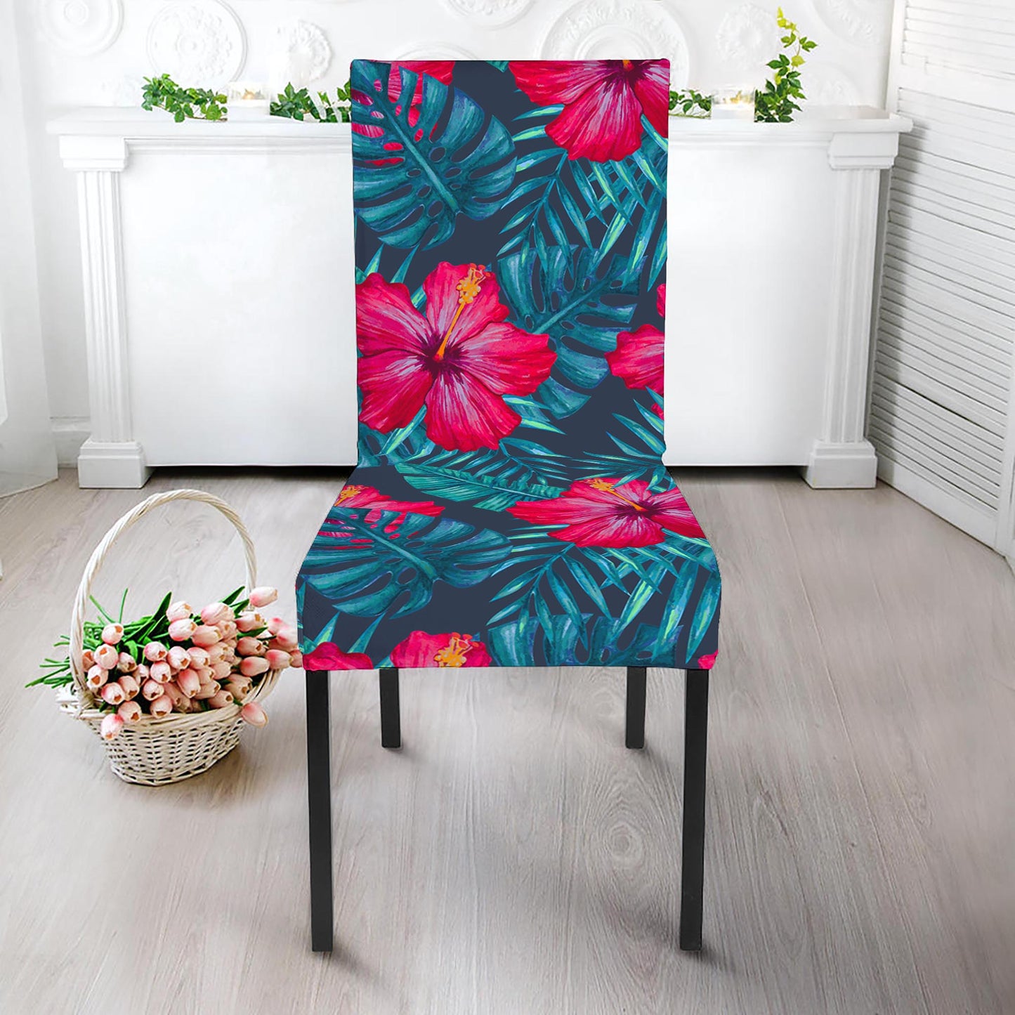 Hot Pink Hibiscus Tropical Pattern Print Dining Chair Slipcover
