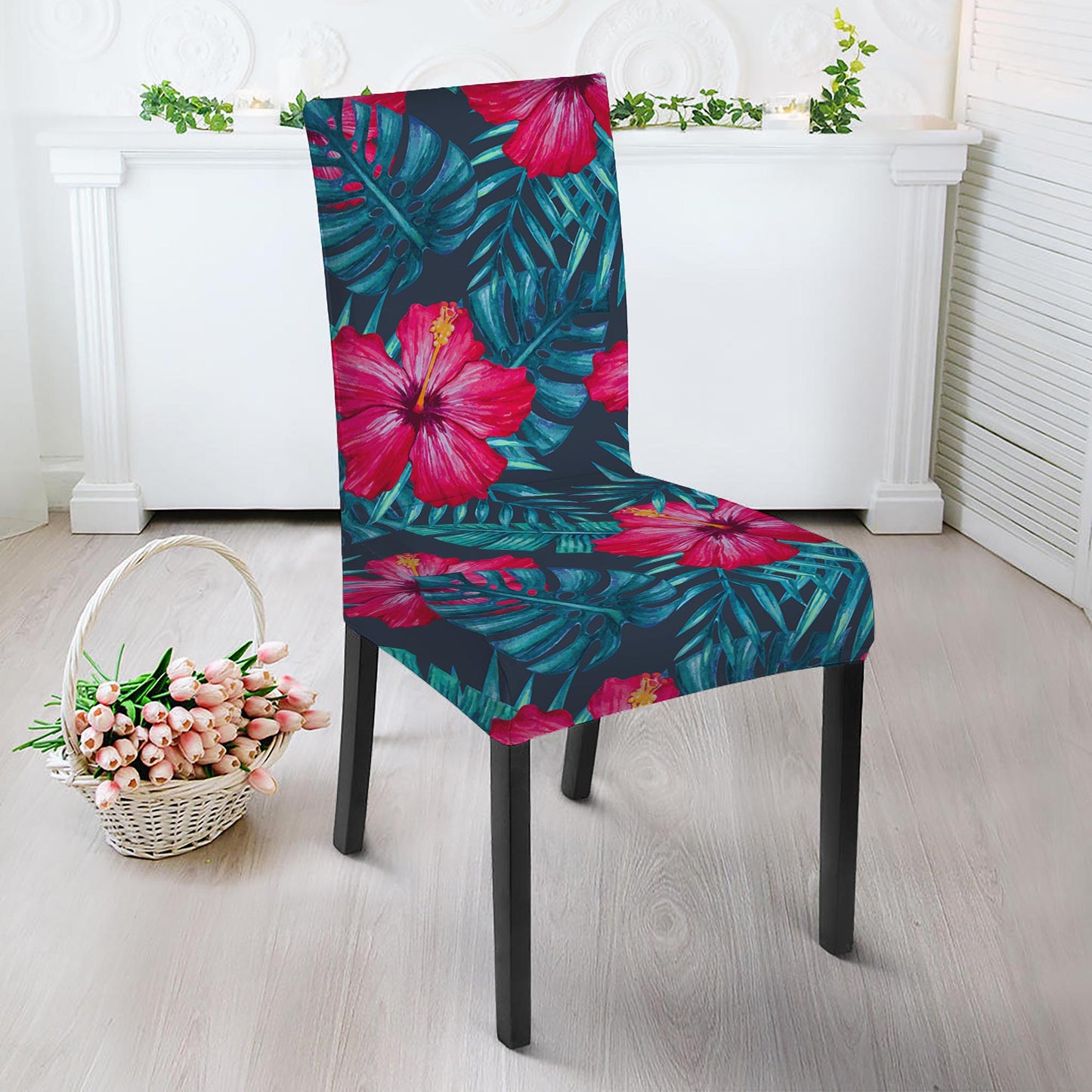 Hot Pink Hibiscus Tropical Pattern Print Dining Chair Slipcover