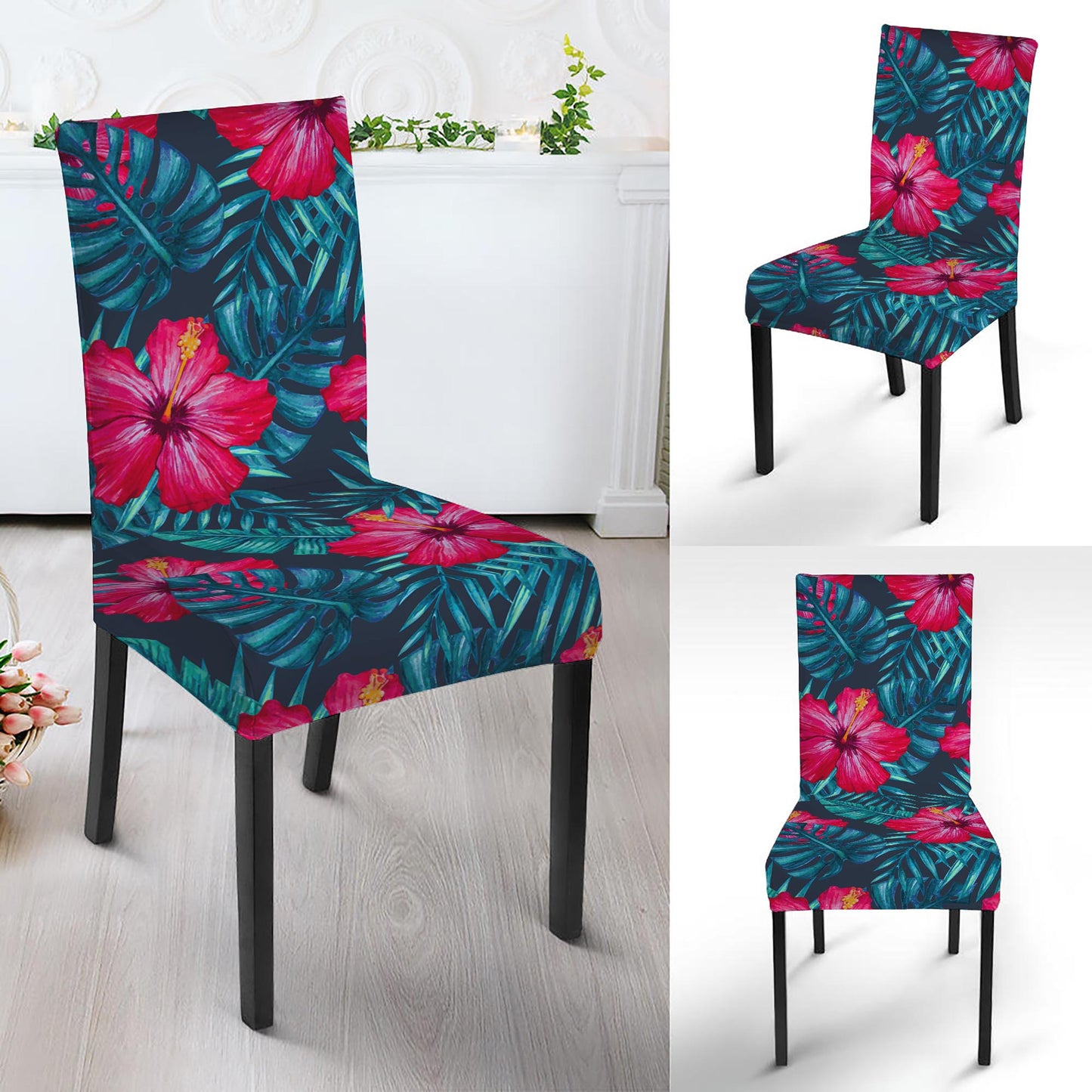 Hot Pink Hibiscus Tropical Pattern Print Dining Chair Slipcover