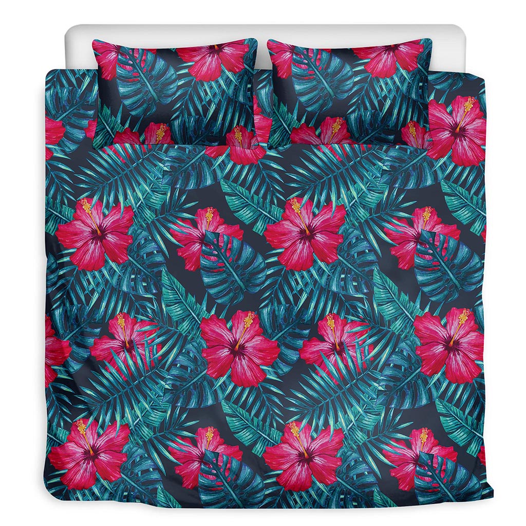 Hot Pink Hibiscus Tropical Pattern Print Duvet Cover Bedding Set
