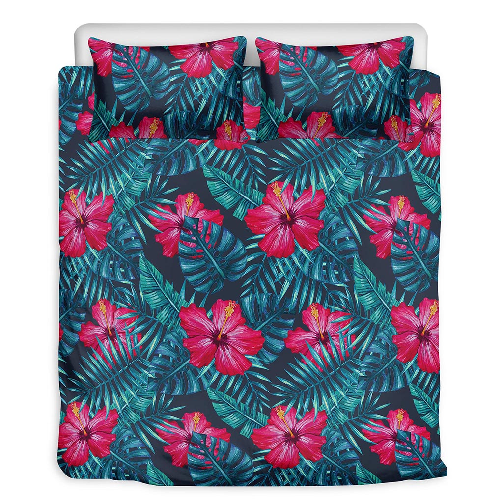 Hot Pink Hibiscus Tropical Pattern Print Duvet Cover Bedding Set