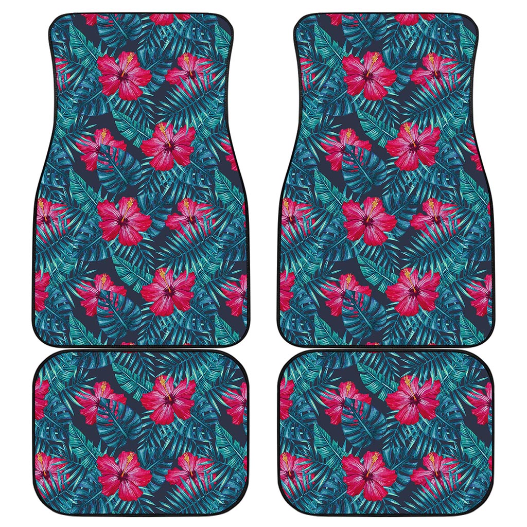 Hot Pink Hibiscus Tropical Pattern Print Front and Back Car Floor Mats