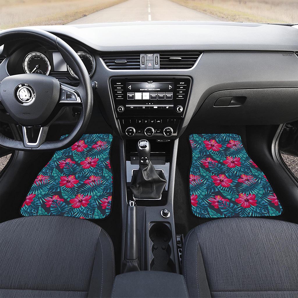 Hot Pink Hibiscus Tropical Pattern Print Front and Back Car Floor Mats