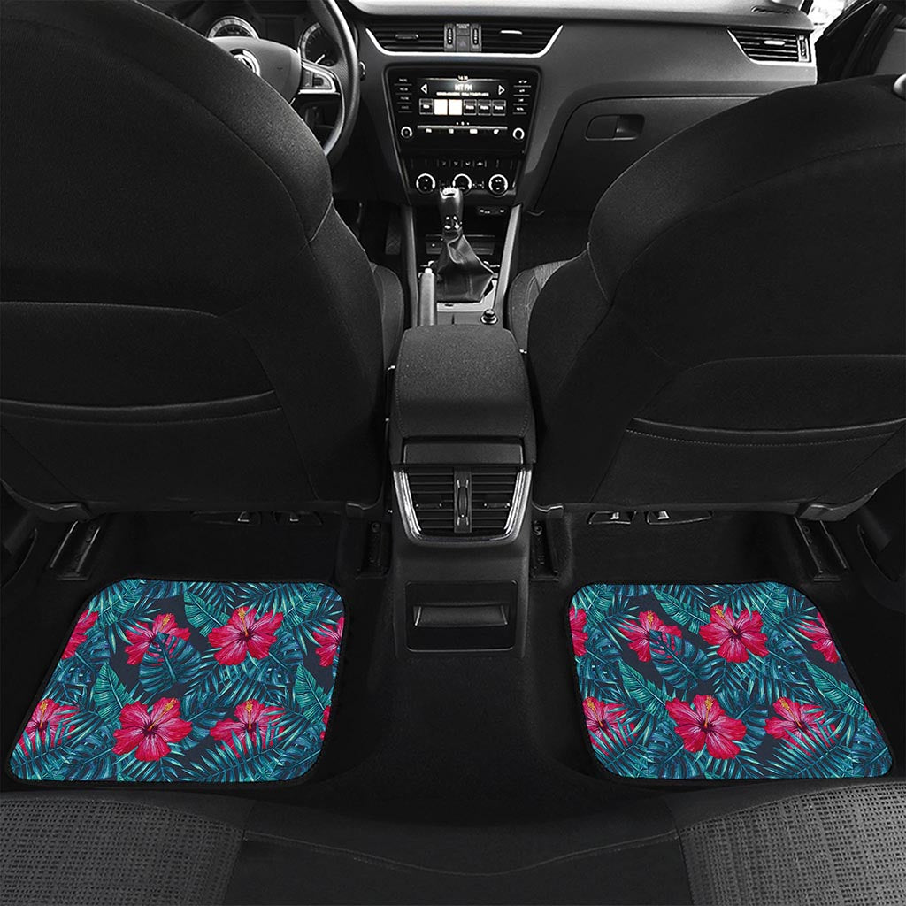 Hot Pink Hibiscus Tropical Pattern Print Front and Back Car Floor Mats