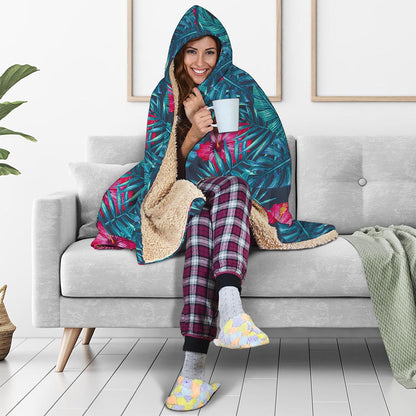 Hot Pink Hibiscus Tropical Pattern Print Hooded Blanket