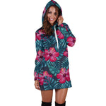 Hot Pink Hibiscus Tropical Pattern Print Hoodie Dress GearFrost
