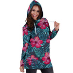 Hot Pink Hibiscus Tropical Pattern Print Hoodie Dress GearFrost