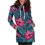 Hot Pink Hibiscus Tropical Pattern Print Hoodie Dress GearFrost