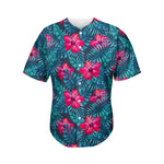 Hot Pink Hibiscus Tropical Pattern Print Men's Baseball Jersey