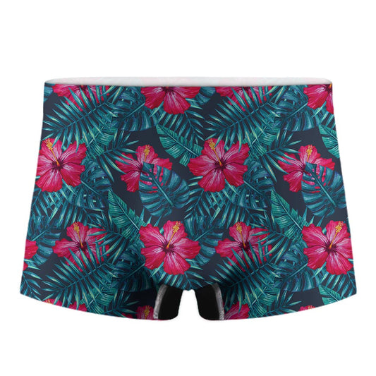 Hot Pink Hibiscus Tropical Pattern Print Men's Boxer Briefs