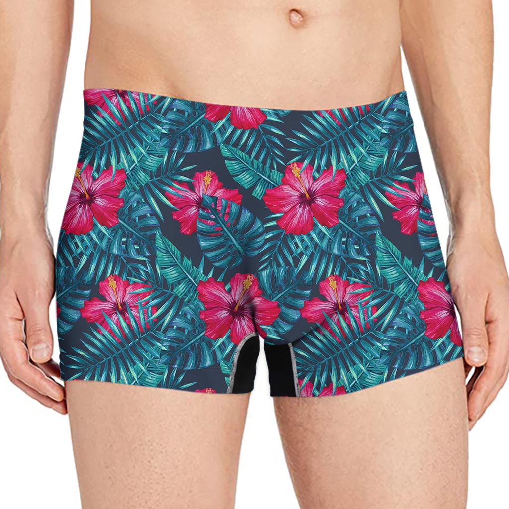 Hot Pink Hibiscus Tropical Pattern Print Men's Boxer Briefs