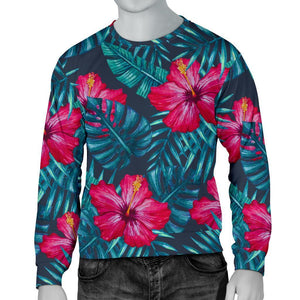 Hot Pink Hibiscus Tropical Pattern Print Men's Crewneck Sweatshirt GearFrost