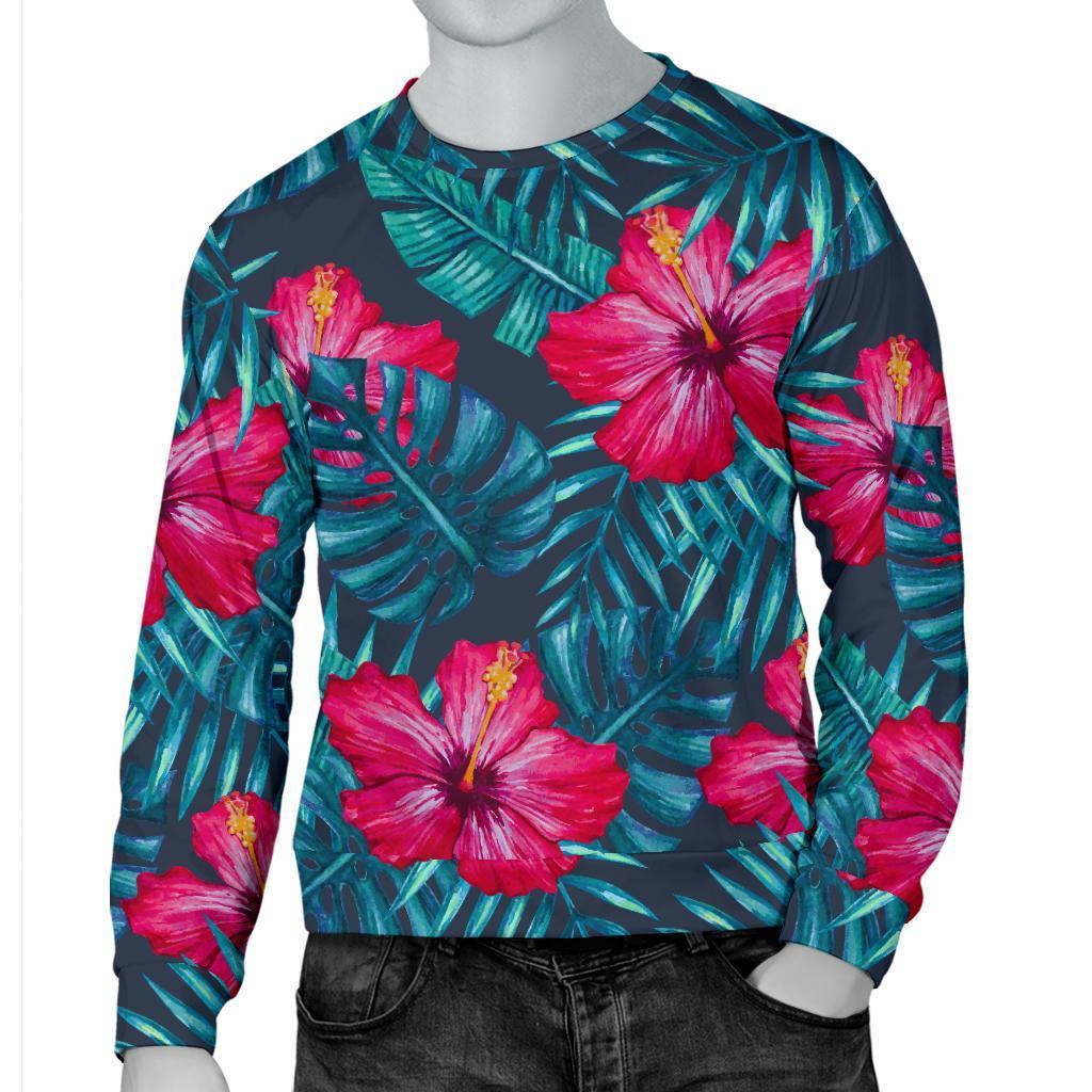 Hot Pink Hibiscus Tropical Pattern Print Men's Crewneck Sweatshirt GearFrost