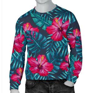 Hot Pink Hibiscus Tropical Pattern Print Men's Crewneck Sweatshirt GearFrost