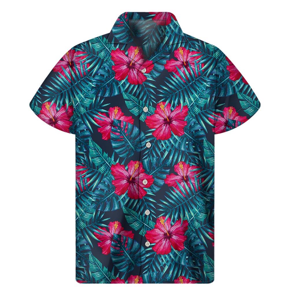 Hot Pink Hibiscus Tropical Pattern Print Men's Short Sleeve Shirt
