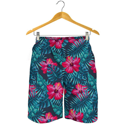 Hot Pink Hibiscus Tropical Pattern Print Men's Shorts