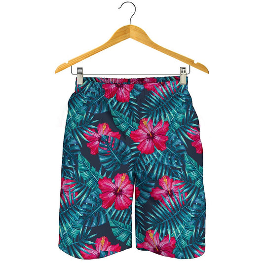 Hot Pink Hibiscus Tropical Pattern Print Men's Shorts