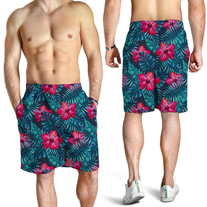 Hot Pink Hibiscus Tropical Pattern Print Men's Shorts