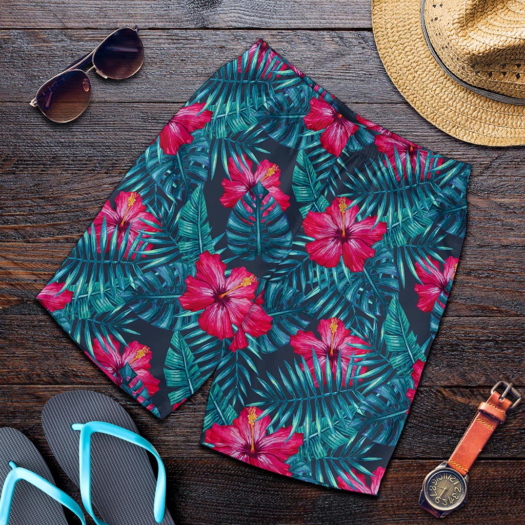 Hot Pink Hibiscus Tropical Pattern Print Men's Shorts