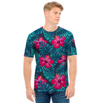 Hot Pink Hibiscus Tropical Pattern Print Men's T-Shirt