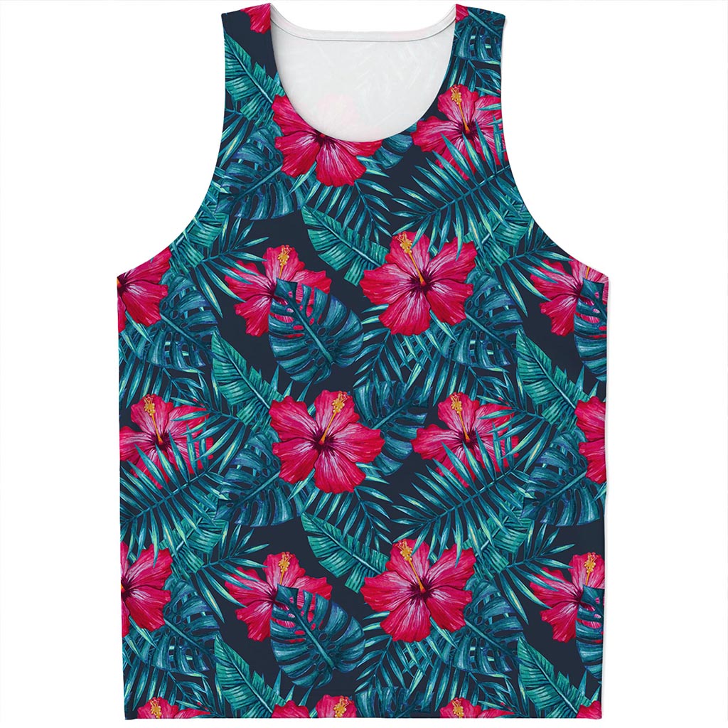 Hot Pink Hibiscus Tropical Pattern Print Men's Tank Top