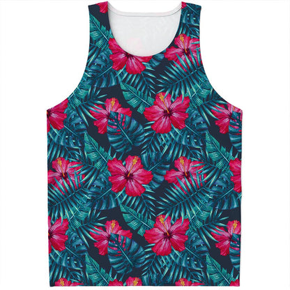 Hot Pink Hibiscus Tropical Pattern Print Men's Tank Top