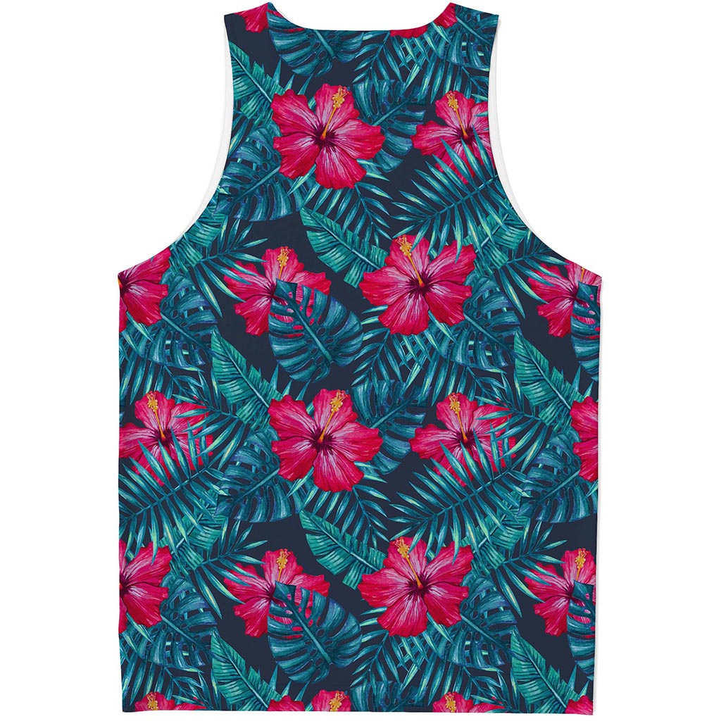 Hot Pink Hibiscus Tropical Pattern Print Men's Tank Top