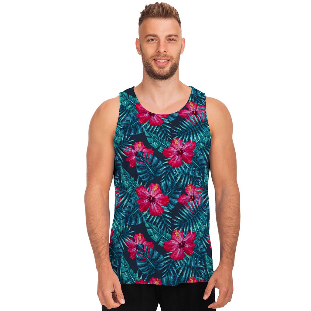 Hot Pink Hibiscus Tropical Pattern Print Men's Tank Top