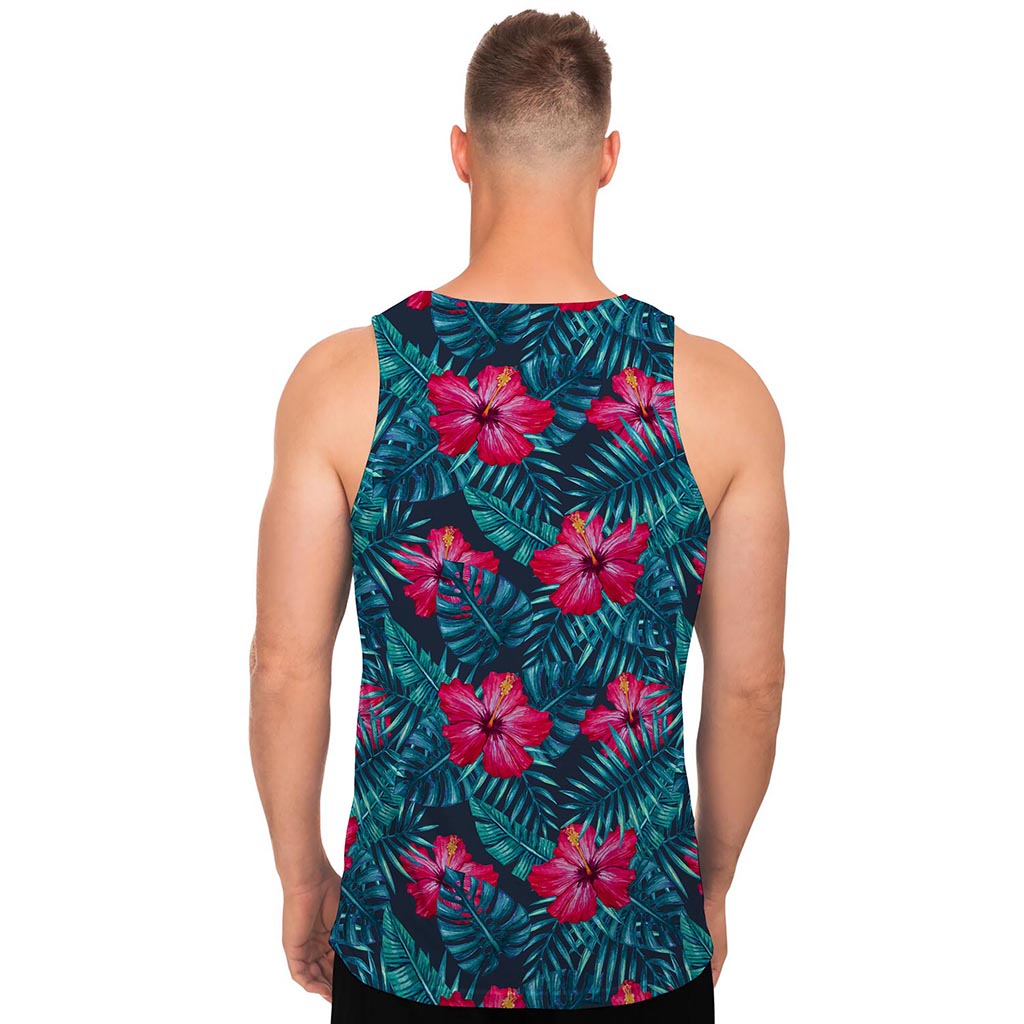 Hot Pink Hibiscus Tropical Pattern Print Men's Tank Top