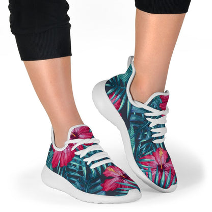 Hot Pink Hibiscus Tropical Pattern Print Mesh Knit Shoes GearFrost