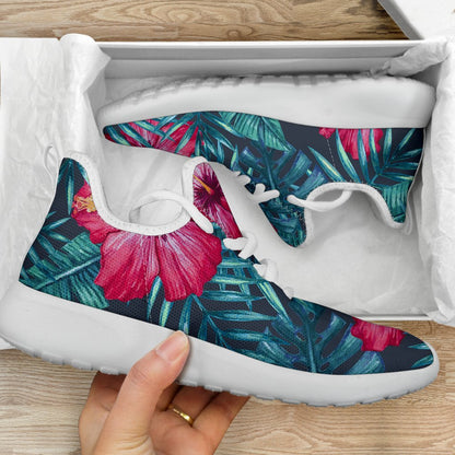 Hot Pink Hibiscus Tropical Pattern Print Mesh Knit Shoes GearFrost