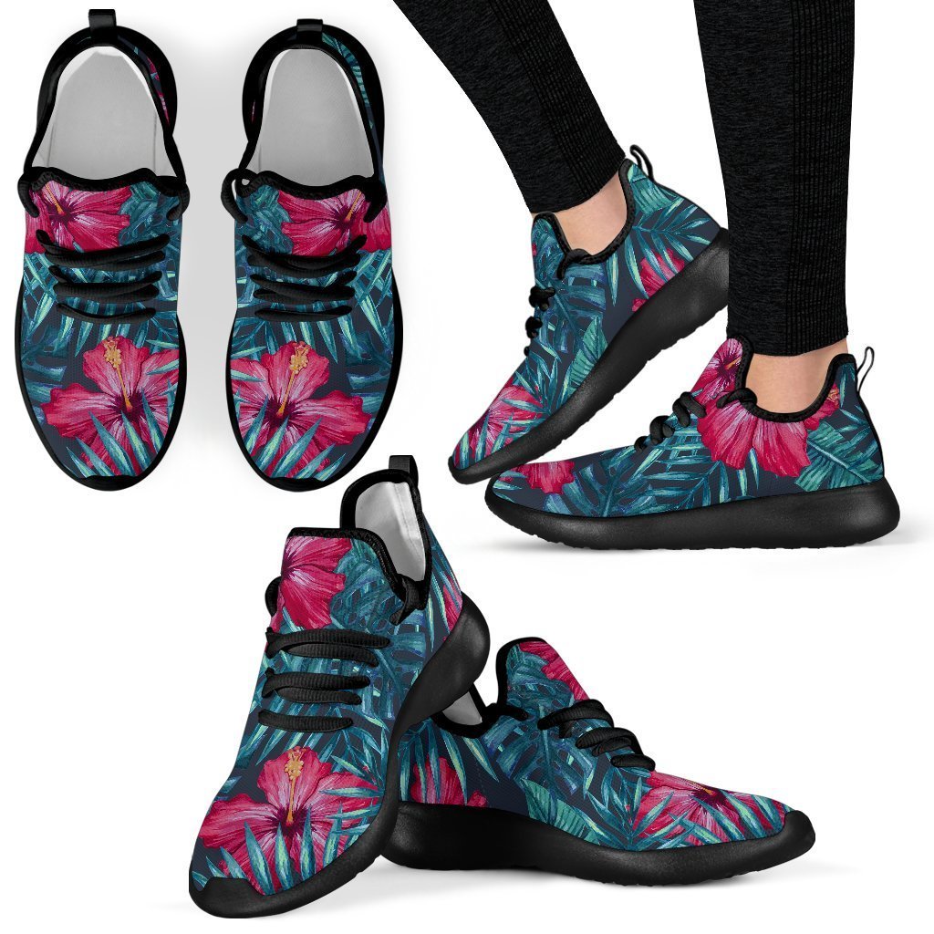 Hot Pink Hibiscus Tropical Pattern Print Mesh Knit Shoes GearFrost