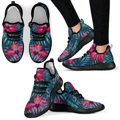 Hot Pink Hibiscus Tropical Pattern Print Mesh Knit Shoes GearFrost