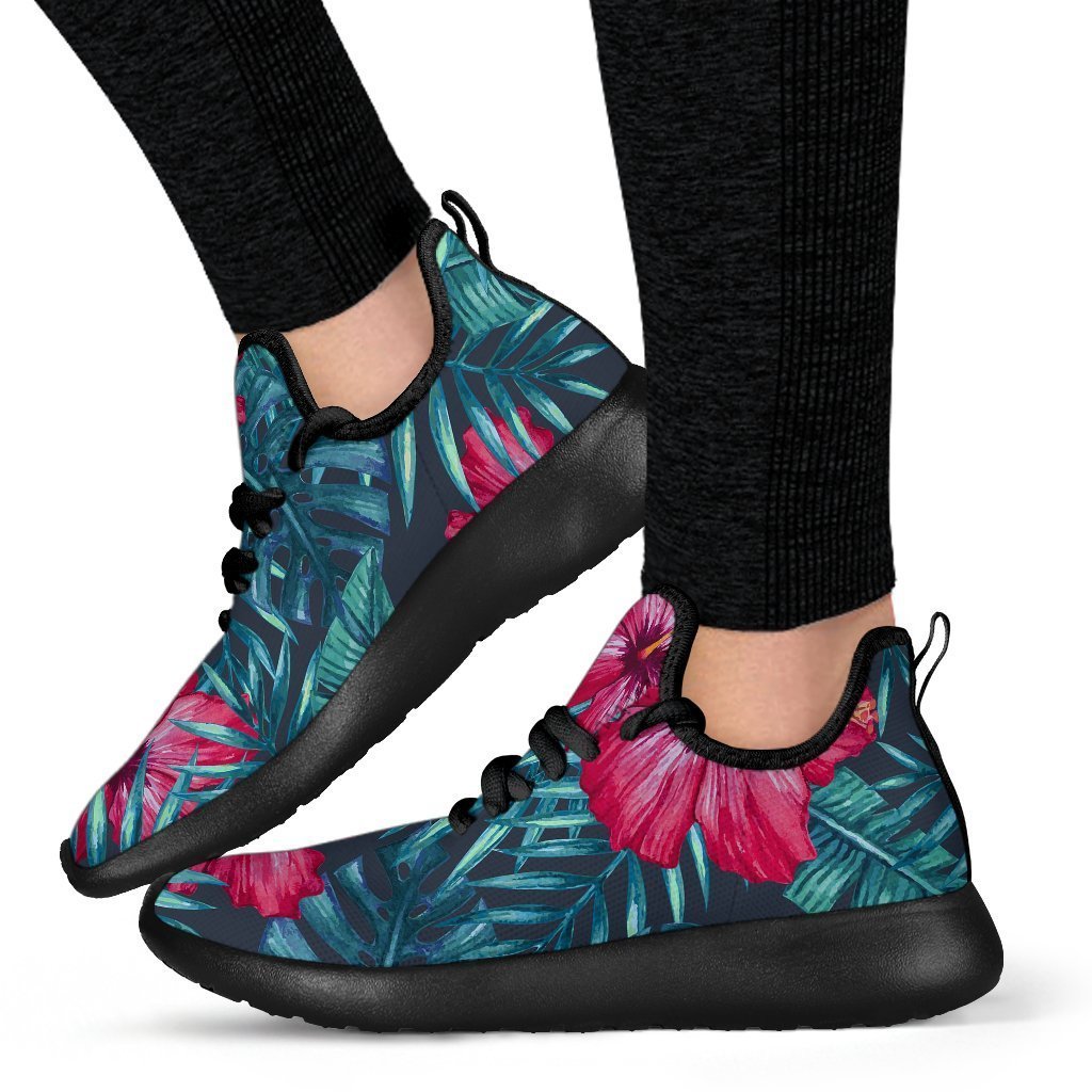 Hot Pink Hibiscus Tropical Pattern Print Mesh Knit Shoes GearFrost