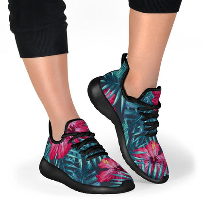 Hot Pink Hibiscus Tropical Pattern Print Mesh Knit Shoes GearFrost