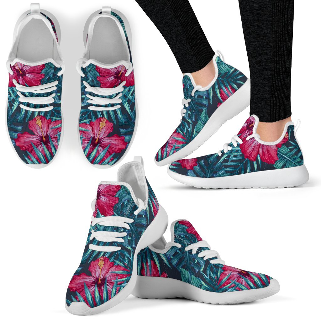 Hot Pink Hibiscus Tropical Pattern Print Mesh Knit Shoes GearFrost