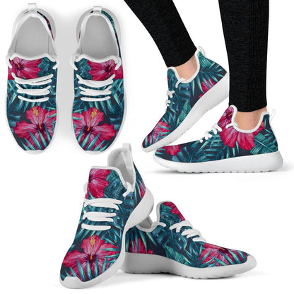 Hot Pink Hibiscus Tropical Pattern Print Mesh Knit Shoes GearFrost