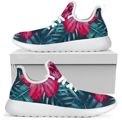 Hot Pink Hibiscus Tropical Pattern Print Mesh Knit Shoes GearFrost