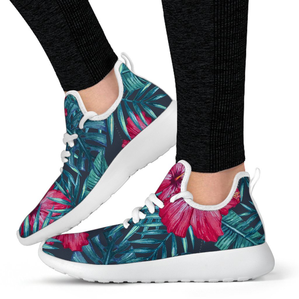 Hot Pink Hibiscus Tropical Pattern Print Mesh Knit Shoes GearFrost
