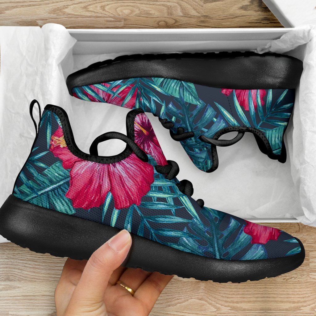 Hot Pink Hibiscus Tropical Pattern Print Mesh Knit Shoes GearFrost