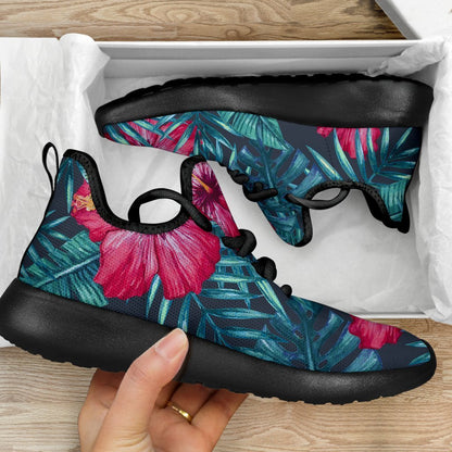 Hot Pink Hibiscus Tropical Pattern Print Mesh Knit Shoes GearFrost