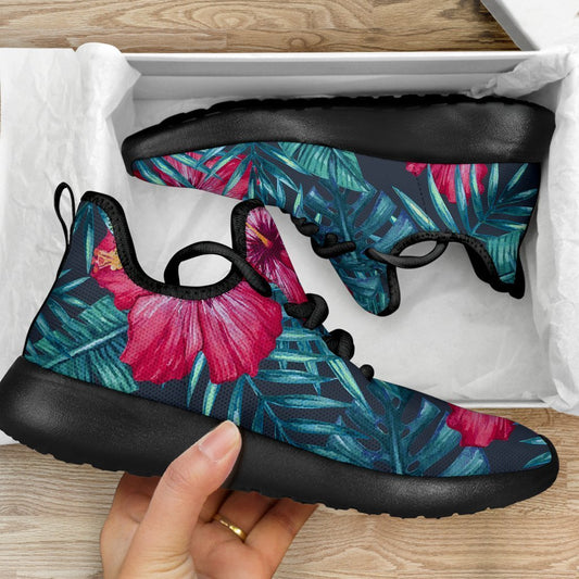 Hot Pink Hibiscus Tropical Pattern Print Mesh Knit Shoes GearFrost