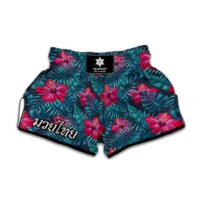 Hot Pink Hibiscus Tropical Pattern Print Muay Thai Boxing Shorts