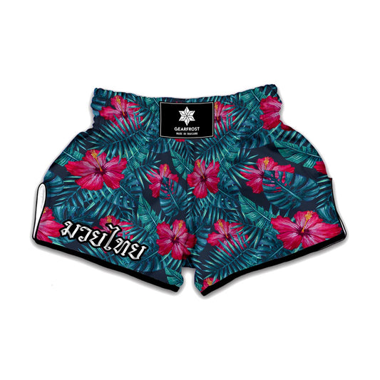 Hot Pink Hibiscus Tropical Pattern Print Muay Thai Boxing Shorts