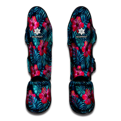 Hot Pink Hibiscus Tropical Pattern Print Muay Thai Shin Guard