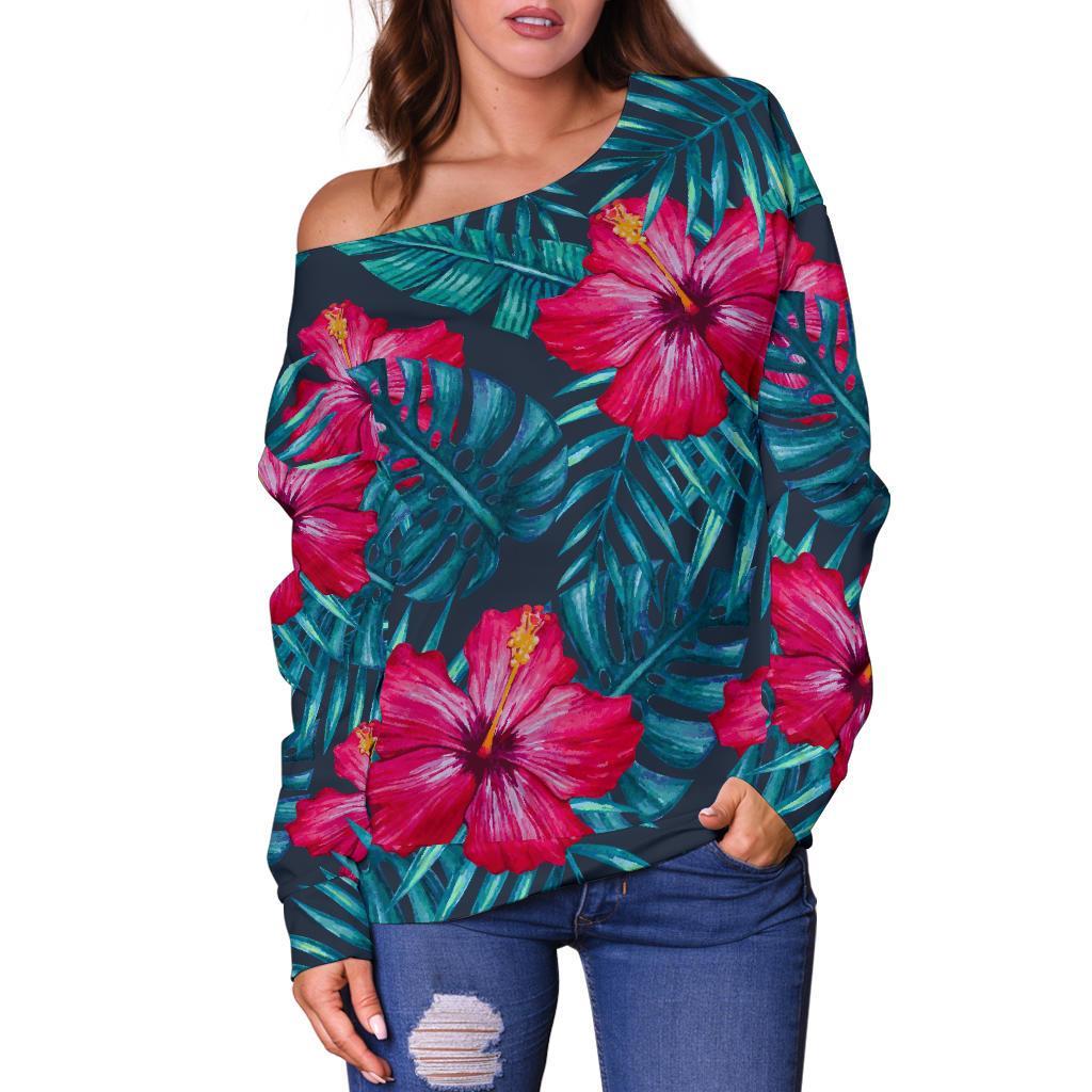 Hot Pink Hibiscus Tropical Pattern Print Off Shoulder Sweatshirt GearFrost
