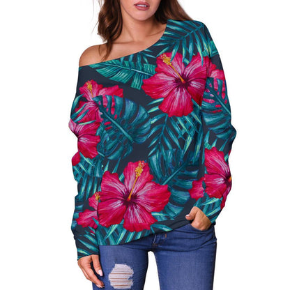 Hot Pink Hibiscus Tropical Pattern Print Off Shoulder Sweatshirt GearFrost